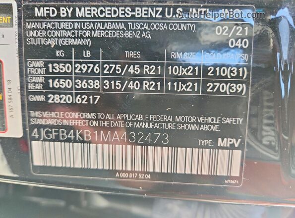 4JGFB4KB1MA432473 2021 MERCEDES-BENZ GLE Black Widok naklejki z numerem VIN