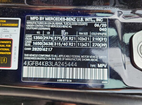 4JGFB4KB3LA245444 2020 MERCEDES-BENZ GLE Black VIN կոդի պիտակի տեսք
