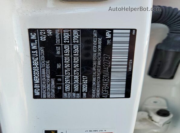 4JGFB4KB3MA422737 2021 MERCEDES-BENZ GLE White Widok naklejki z numerem VIN