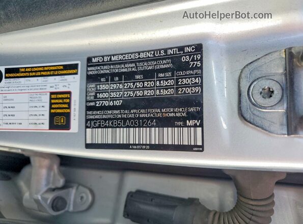 4JGFB4KB5LA031264 2020 MERCEDES-BENZ GLE Серебряный Вид наклейки с VIN-кодом