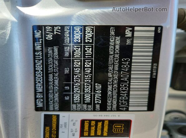 4JGFB4KB5LA074843 2020 MERCEDES-BENZ GLE Silver Вид наклейки з VIN-кодом