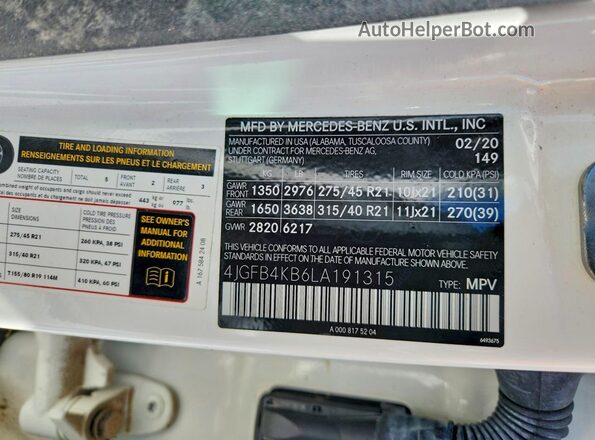 4JGFB4KB6LA191315 2020 MERCEDES-BENZ GLE White Սալոնի 360 աստիճան տեսք