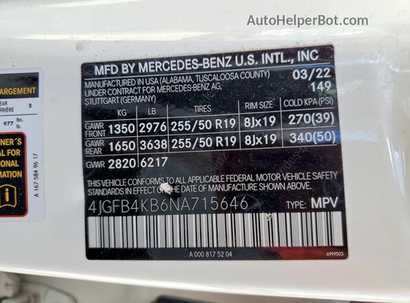 4JGFB4KB6NA715646 2022 MERCEDES-BENZ GLE White VIN კოდის სტიკერის ხედი