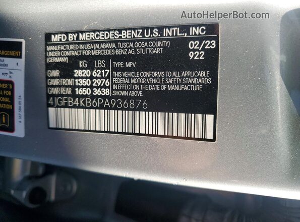 4JGFB4KB6PA936876 2023 MERCEDES-BENZ GLE Silver VIN sticker view