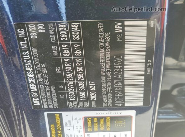 4JGFB4KB7LA284960 2020 MERCEDES-BENZ GLE-CLASS Blue 360 interior view