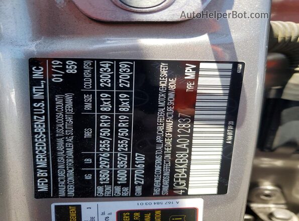 4JGFB4KB8LA012837 2020 MERCEDES-BENZ GLE Silver Панорамний вид салону 360°
