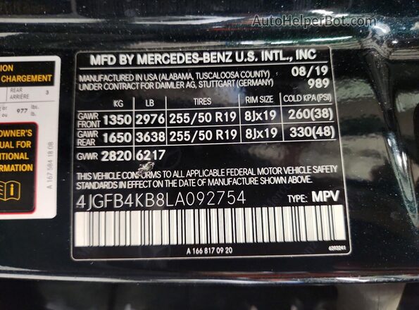 4JGFB4KB8LA092754 2020 MERCEDES-BENZ GLE Green Widok naklejki z numerem VIN