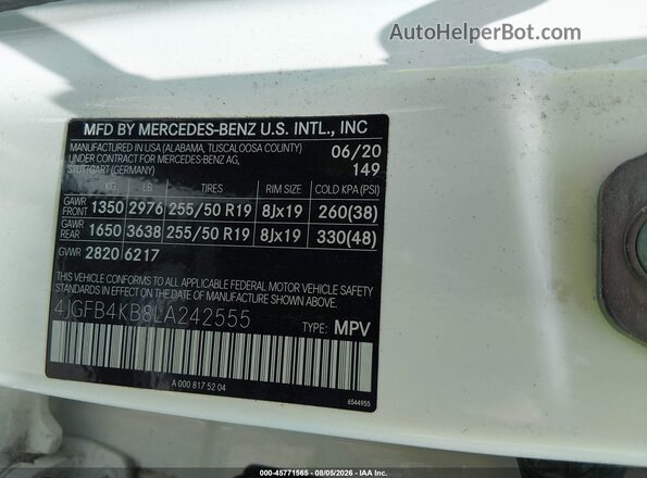 4JGFB4KB8LA242555 2020 MERCEDES-BENZ GLE 350 White Widok komory silnika