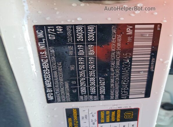 4JGFB4KB8MA523465 2021 MERCEDES-BENZ GLE White Vista de la etiqueta del VIN