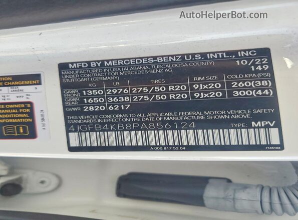 4JGFB4KB8PA856124 2023 MERCEDES-BENZ GLE White VIN կոդի պիտակի տեսք