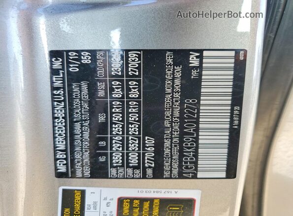 4JGFB4KB9LA012278 2020 MERCEDES-BENZ GLE Серебряный Вид наклейки с VIN-кодом