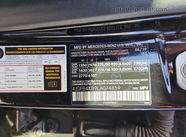 4JGFB4KB9LA074859 2020 MERCEDES-BENZ GLE Black Vista de la etiqueta del VIN