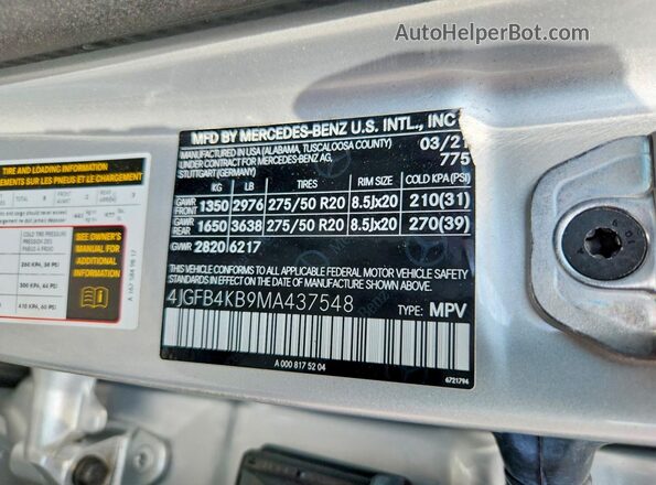 4JGFB4KB9MA437548 2021 MERCEDES-BENZ GLE Silver Вид наклейки з VIN-кодом