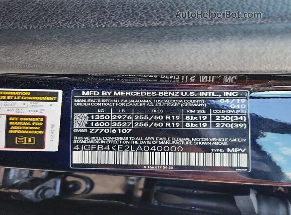4JGFB4KE2LA040000 2020 MERCEDES-BENZ GLE Black VIN კოდის სტიკერის ხედი