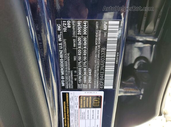 4JGFB4KE3NA603378 2022 MERCEDES-BENZ GLE Blue Widok naklejki z numerem VIN