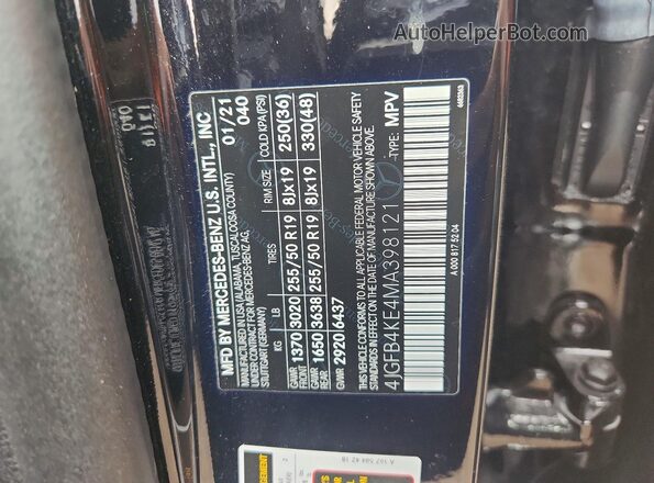4JGFB4KE4MA398121 2021 MERCEDES-BENZ GLE Black Vista de la etiqueta del VIN