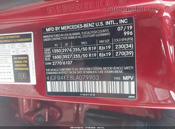 4JGFB4KE8LA079903 2020 MERCEDES-BENZ GLE 350 Red Շարժիչի բաժամունքի տեսք