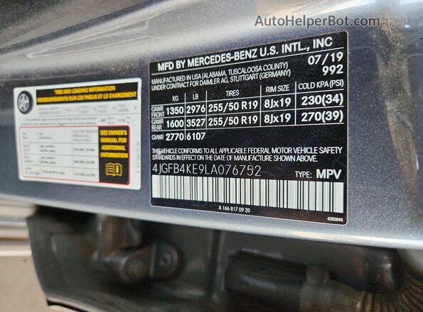 4JGFB4KE9LA076752 2020 MERCEDES-BENZ GLE Gray Вид наклейки з VIN-кодом
