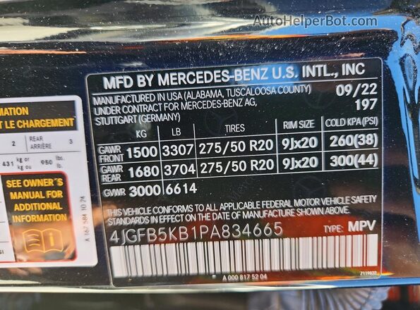 4JGFB5KB1PA834665 2023 MERCEDES-BENZ GLE Black Widok naklejki z numerem VIN