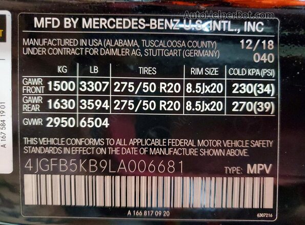 4JGFB5KB9LA006681 2020 MERCEDES-BENZ GLE Черный Вид наклейки с VIN-кодом