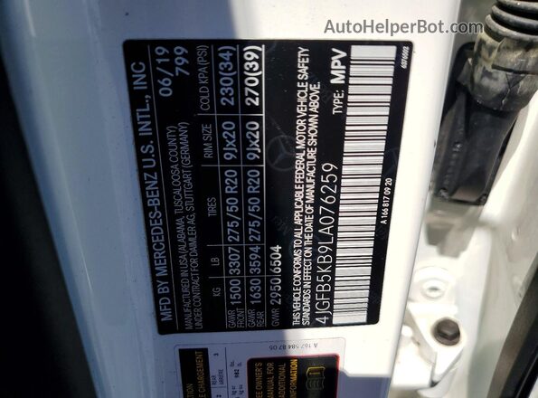 4JGFB5KB9LA076259 2020 MERCEDES-BENZ GLE White Widok naklejki z numerem VIN