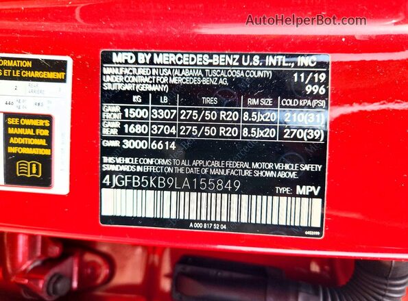 4JGFB5KB9LA155849 2020 MERCEDES-BENZ GLE Red Вид наклейки з VIN-кодом