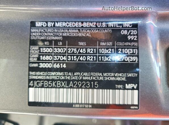 4JGFB5KBXLA292315 2020 MERCEDES-BENZ GLE Gray Vista del compartimento del motor