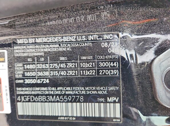 4JGFD6BB3MA559778 2021 MERCEDES-BENZ GLE Black Vista de la etiqueta del VIN