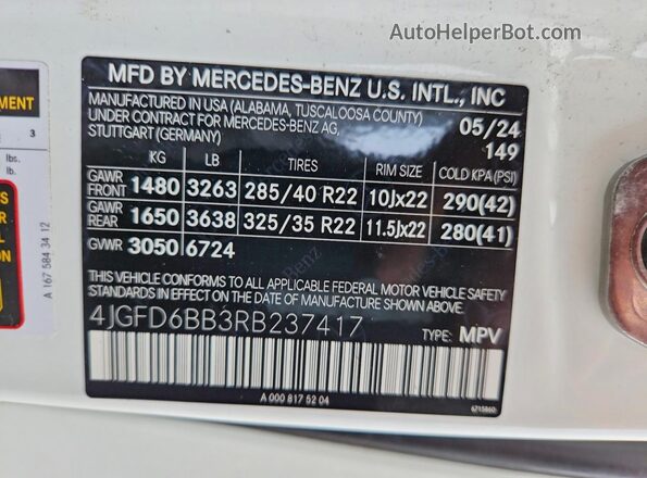 4JGFD6BB3RB237417 2024 MERCEDES-BENZ GLE White Вид наклейки з VIN-кодом