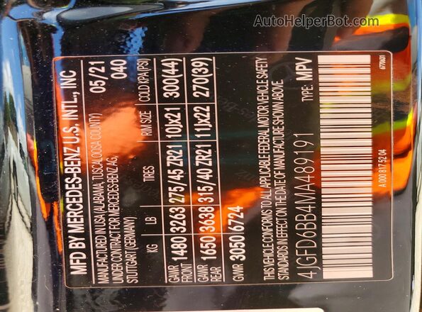 4JGFD6BB4MA489191 2021 MERCEDES-BENZ GLE Black VIN კოდის სტიკერის ხედი