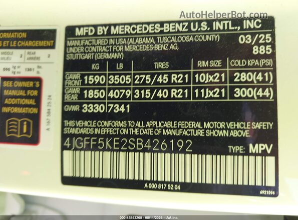 4JGFF5KE2SB426192 2025 MERCEDES-BENZ GLS 450 White Շարժիչի բաժամունքի տեսք