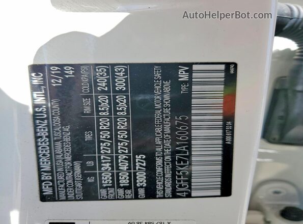 4JGFF5KE7LA160675 2020 MERCEDES-BENZ GLS White VIN sticker view