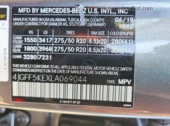 4JGFF5KEXLA069044 2020 MERCEDES-BENZ GLS Gray Vista de la etiqueta del VIN