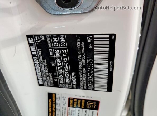 4JGFF5KEXNA652751 2022 MERCEDES-BENZ GLS White Vista de la etiqueta del VIN
