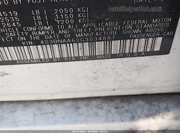 4S3BNAA62G3034887 2016 SUBARU LEGACY White ძრავის განყოფილების ხედი