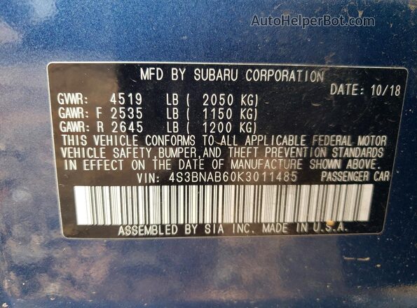 4S3BNAB60K3011485 2019 SUBARU LEGACY Blue Շարժիչի բաժամունքի տեսք