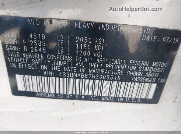 4S3BNAB62H3008516 2017 SUBARU LEGACY White Вид підкапотного простору
