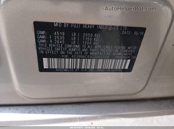 4S3BNAC60G3062720 2016 SUBARU LEGACY Gray Շարժիչի բաժամունքի տեսք
