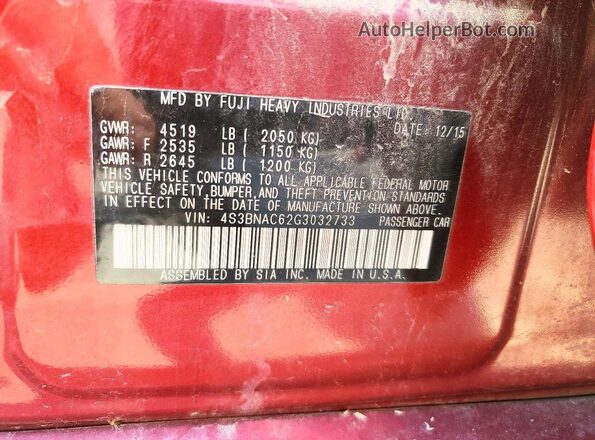 4S3BNAC62G3032733 2016 SUBARU LEGACY Burgundy Շարժիչի բաժամունքի տեսք