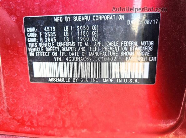 4S3BNAC62J3010402 2018 SUBARU LEGACY Burgundy Вид наклейки з VIN-кодом