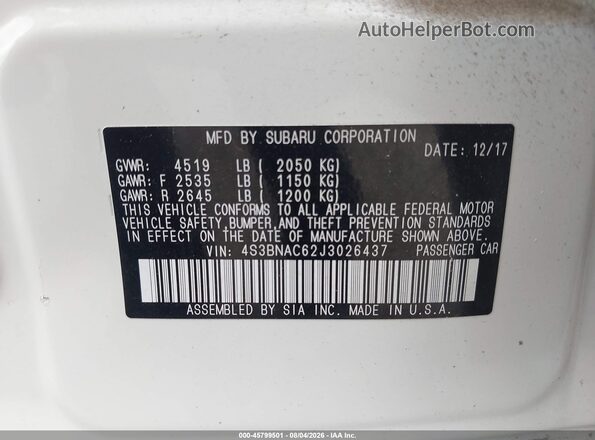 4S3BNAC62J3026437 2018 SUBARU LEGACY Белый Вид подкапотного пространства