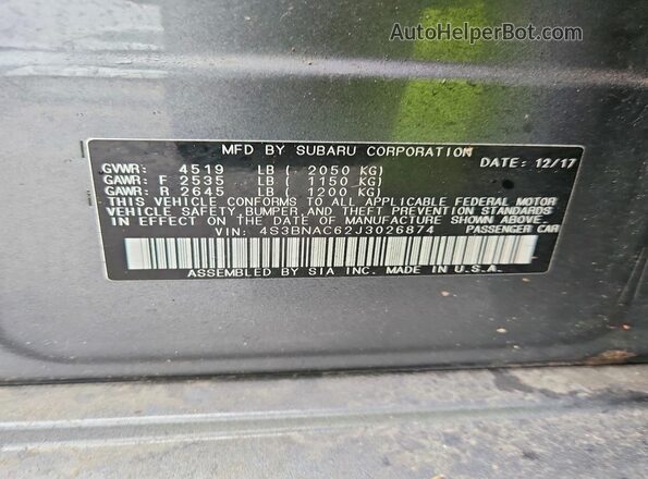 4S3BNAC62J3026874 2018 SUBARU LEGACY Gray Vista del compartimento del motor