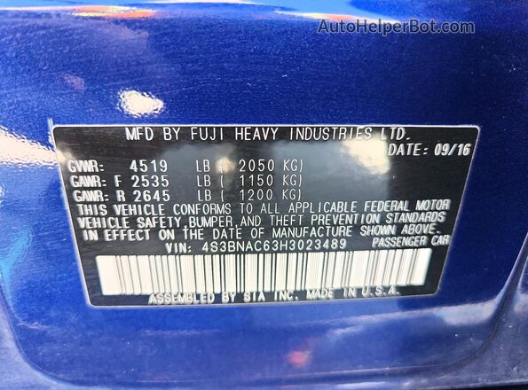 4S3BNAC63H3023489 2017 SUBARU LEGACY Blue Vista del compartimento del motor