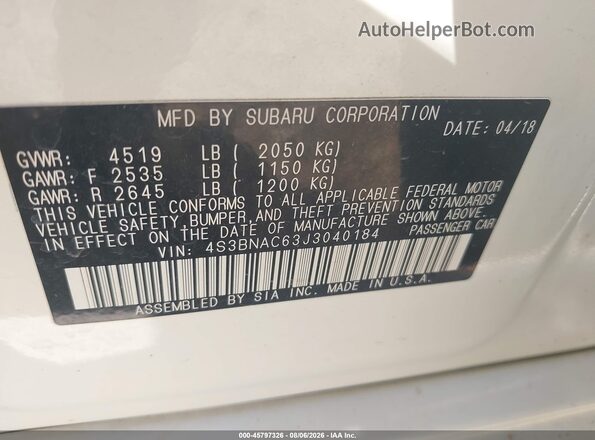 4S3BNAC63J3040184 2018 SUBARU LEGACY White Շարժիչի բաժամունքի տեսք