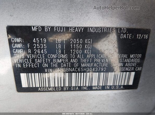 4S3BNAC65H3043792 2017 SUBARU LEGACY Silver Vista del compartimento del motor