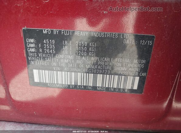 4S3BNAC66G3029723 2016 SUBARU LEGACY Red Engine compartment view