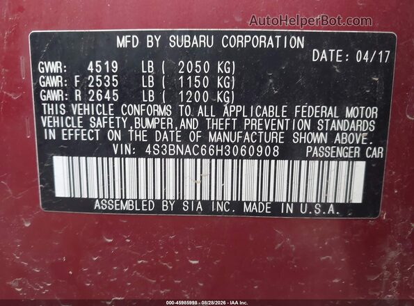 4S3BNAC66H3060908 2017 SUBARU LEGACY Red ძრავის განყოფილების ხედი