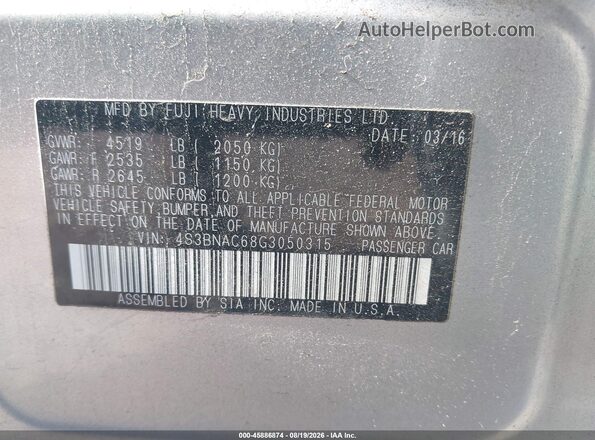 4S3BNAC68G3050315 2016 SUBARU LEGACY Silver Вид підкапотного простору