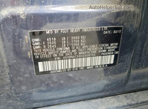 4S3BNAC68H3058755 2017 SUBARU LEGACY Blue 