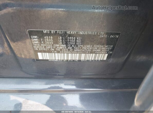 4S3BNAC69G3051781 2016 SUBARU LEGACY Blue Widok komory silnika